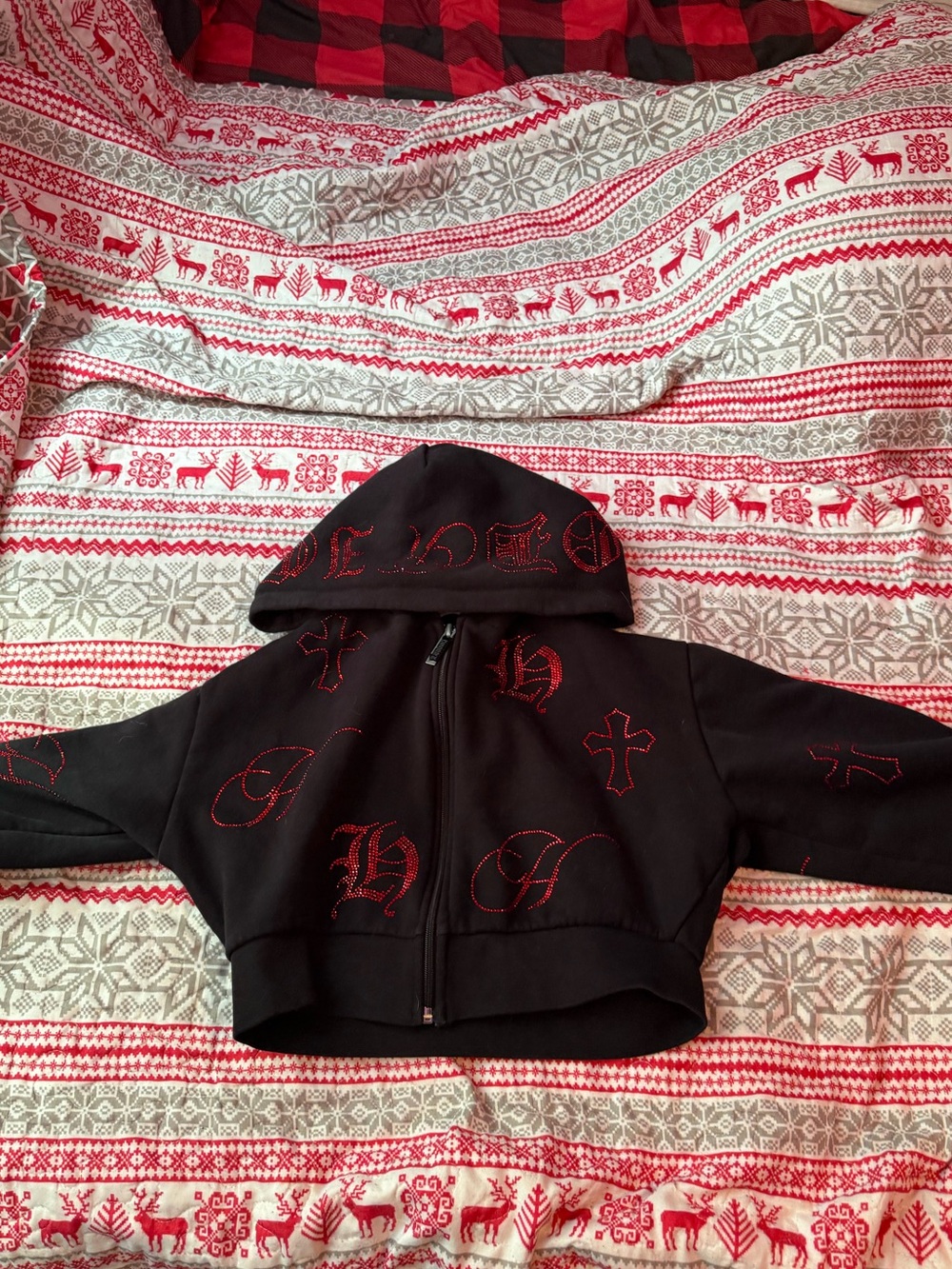 Girls' Black Hooded Zip-Up Cropped Sweatshirt with Red Stitching